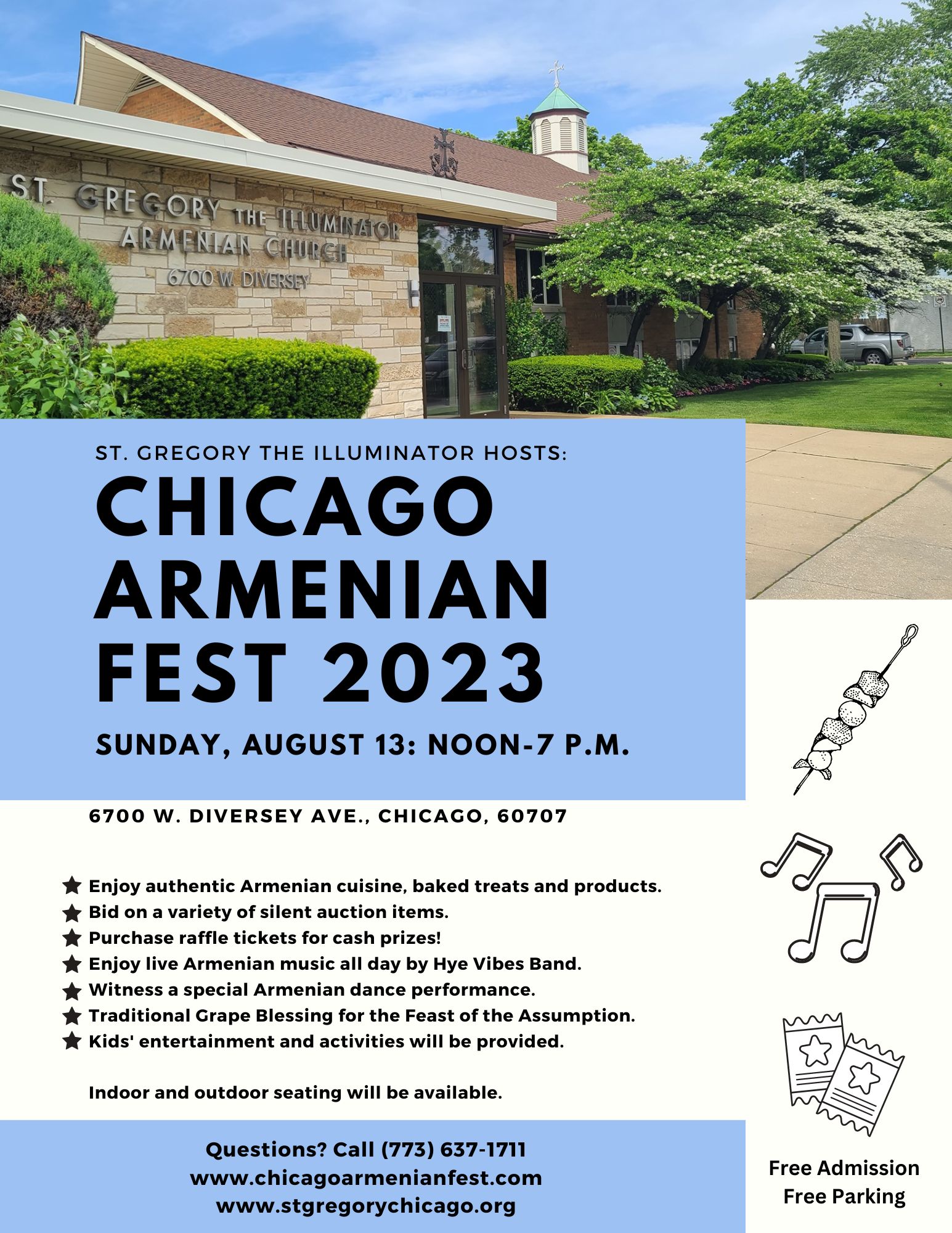 A flyer with a picture of St. Gregory the Illuminator Armenian Church of Chicago showcasing their annual Chicago Armenian Fest 2023, which will be hosted on Sunday, August 13 from 12 noon until 7 p.m.